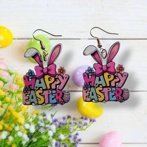 Sunny Girl Pink & Multi Happy Easter Bunny Earrings